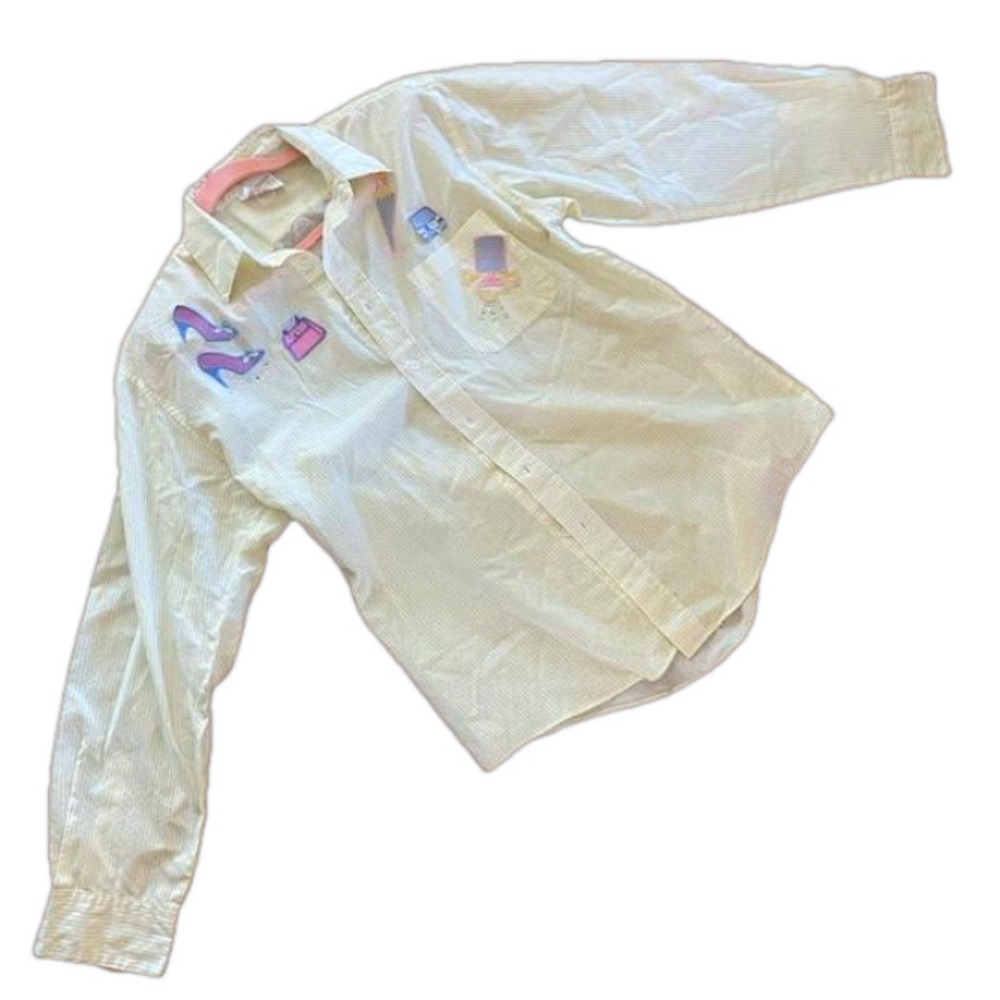 Vintage Tia Designs Embroidered Fashion Motif Seersucker Button Down Shirt L